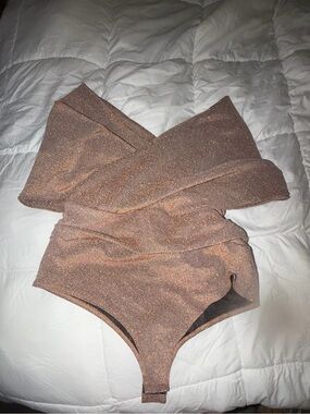 Fashion Nova Shimmery Bronze off shoulder Bandeau Bodysuit